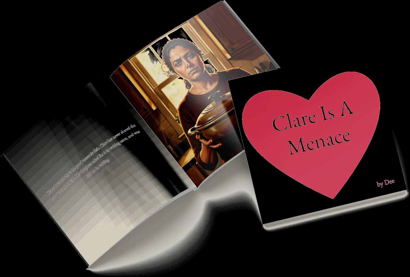 A finished book lying open at an oil painting of a woman guarding a covered casserole dish, glaring flatly at whoever just asked for it, beside its cover reading “Clare Is A Menace”