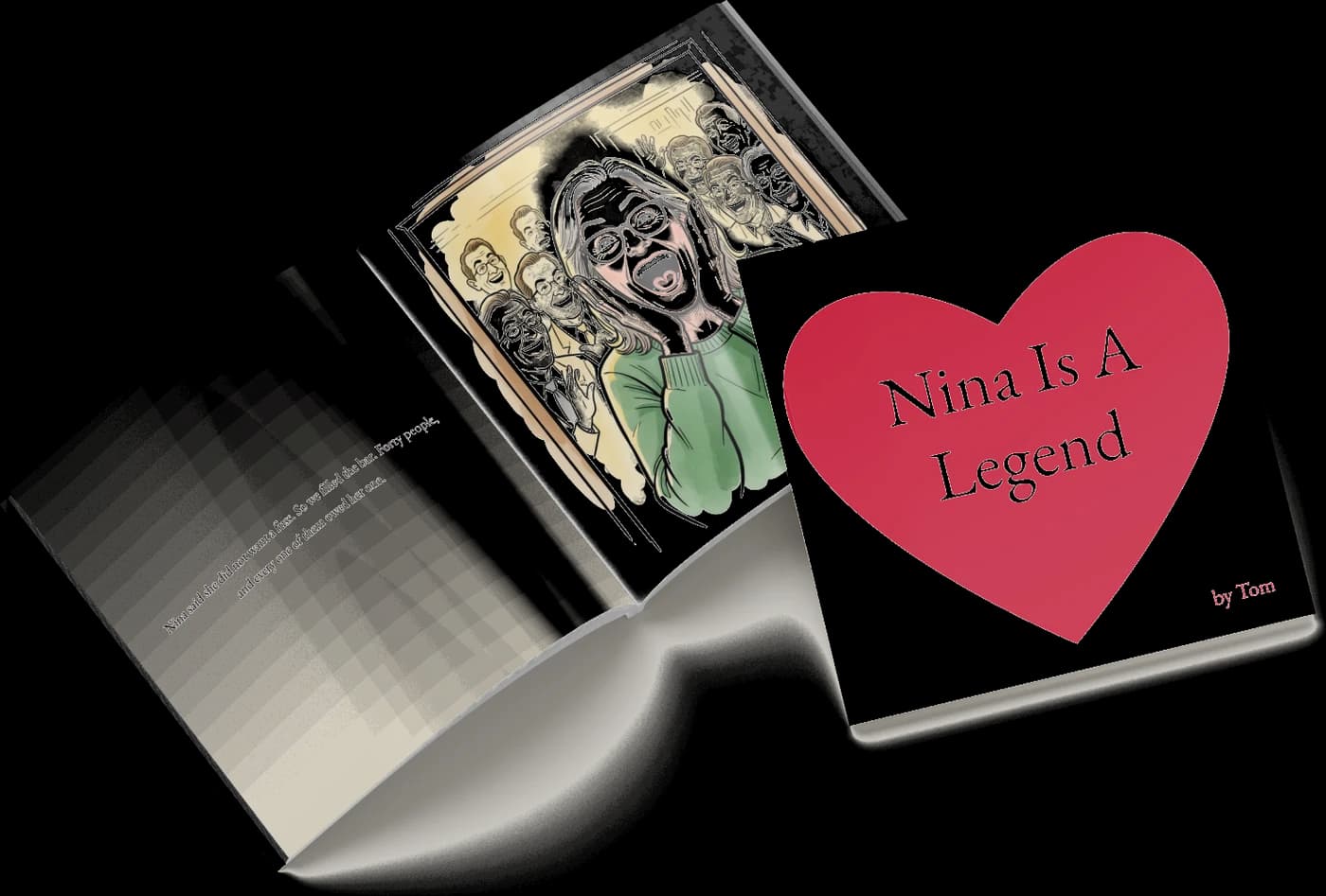 A finished book lying open at an illustration of a woman laughing at the surprise party she said she did not want, a room full of people cheering behind her, beside its cover reading “Nina Is A Legend”