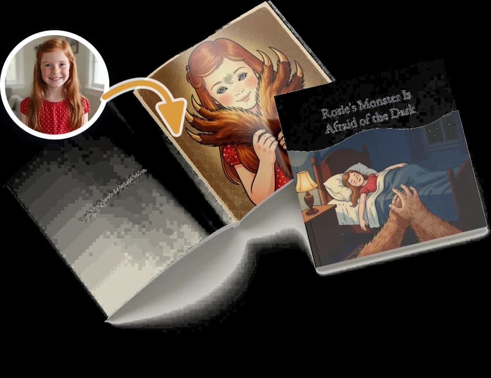 A photo a customer sent, and the printed hardcover made from it: the book lying open at a story page, beside a second copy showing the cover, with an arrow drawn from the photo into the picture of the child